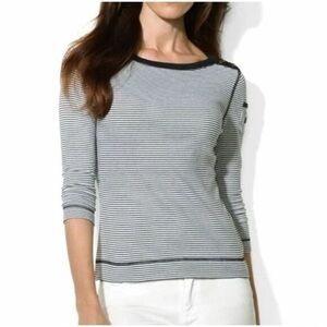 LRL Lauren Navy and White Striped boat neck 3/4 Sleeve Top